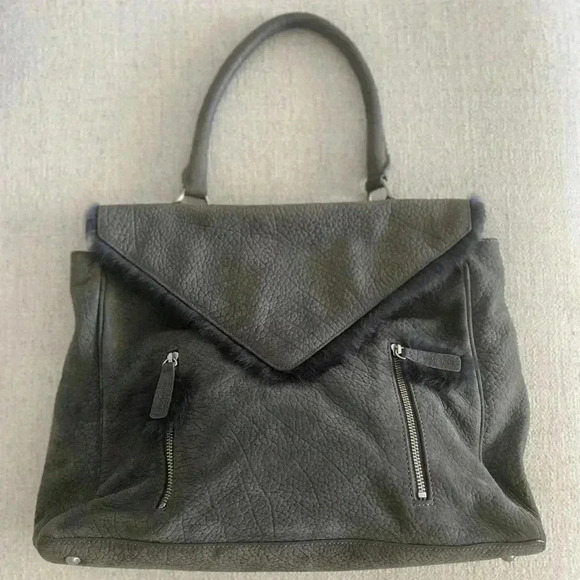 RomyGold Gray Leather Handbag With Gray Fur Trim - Picture 4 of 14
